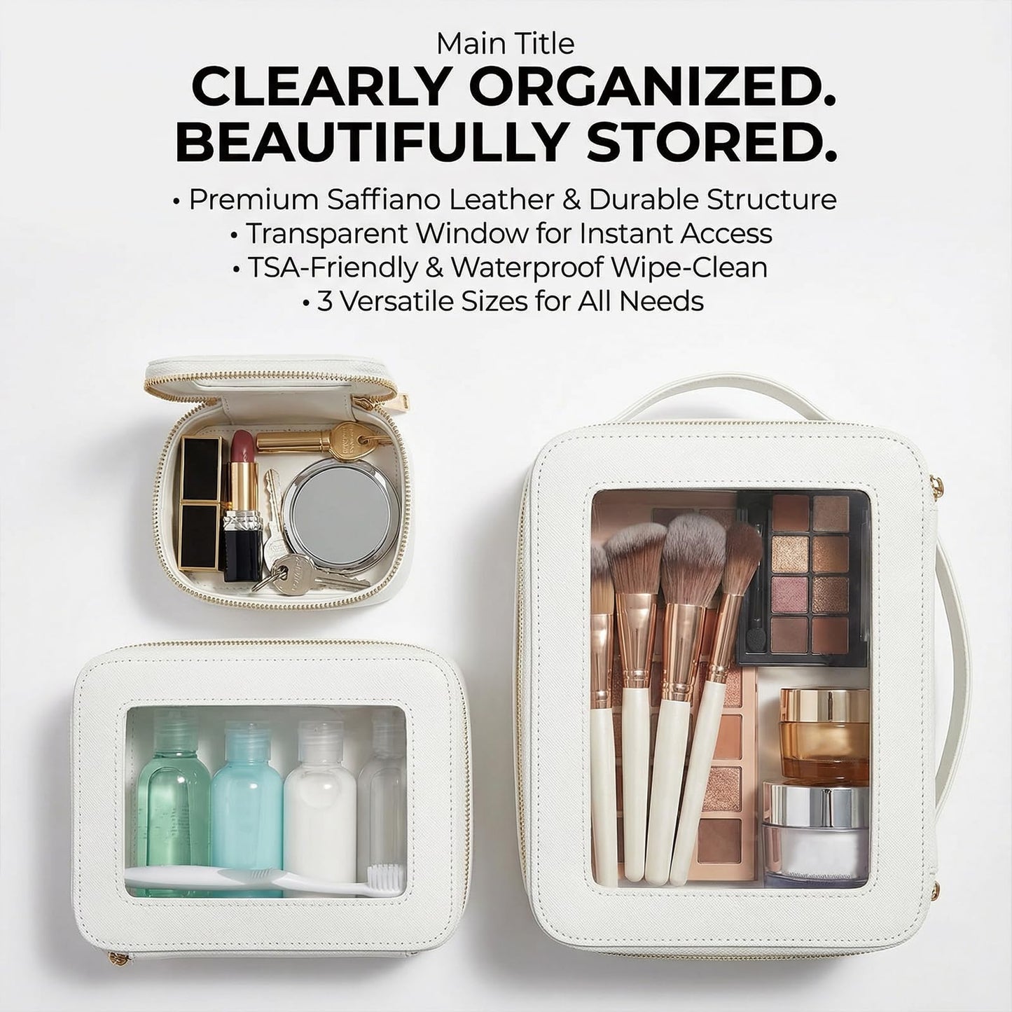 LAZYTAIL Makeup Bag | Transparent Toiletry Bag | Portable Waterproof Makeup Storage Bag | Travel-Specific Skincare Storage Bag | 2 Sets, L+M+MINI (White+Black)
