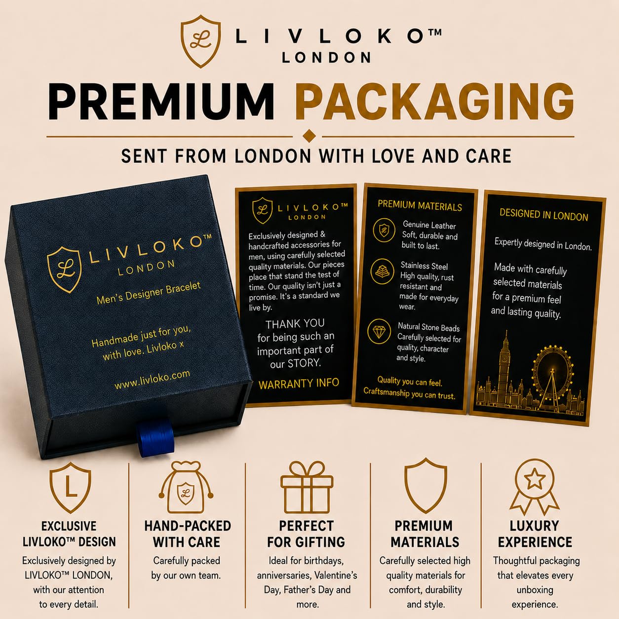 LIVLOKO LONDON Mens Bracelet Leather Black Multi-Layer Tiger Eye Stone Beads Magnetic Adjutable Steel Clasp Viking Rope Bands Surfer Man jewelry Wristband Male UK Jewellery Gift box Husband Boyfriend Dad Son