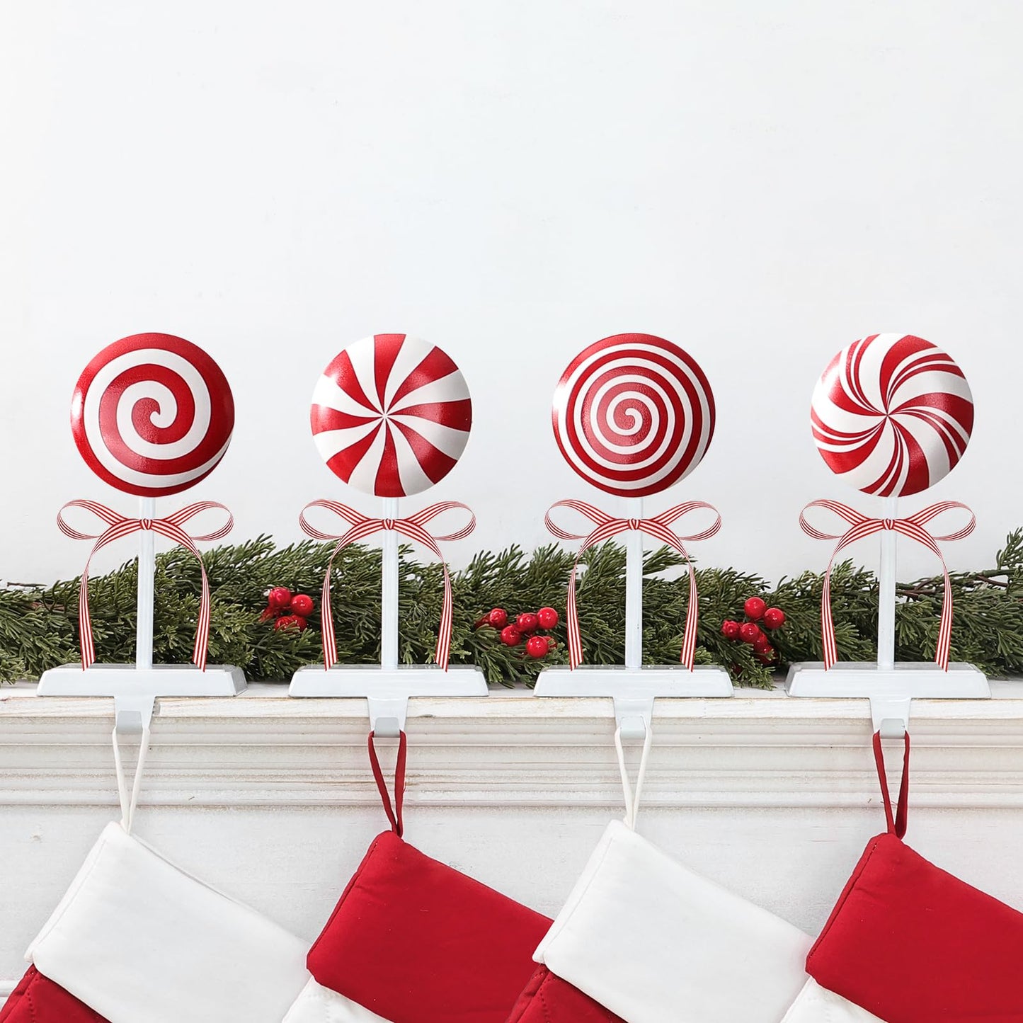 Pawliss Christmas Stocking Holders for Mantle: Red White Peppermint Candy Stocking Holder Stand Set of 4, Metal Stocking Hangers Decorative Hooks for Xmas Home Decor, Fireplace Window Accessories