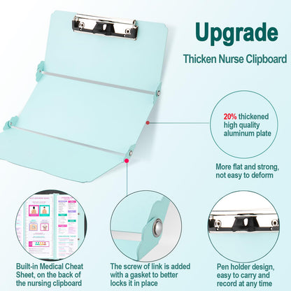Nursing Clipboard Foldable, Thicken Aluminum Trifold Nursing Clipboard, Nursing Pocket Size Nurse Clipboards with Pen Holder, Nursing Edition Cheat Sheet for Students, Nurses and Doctors, Mint