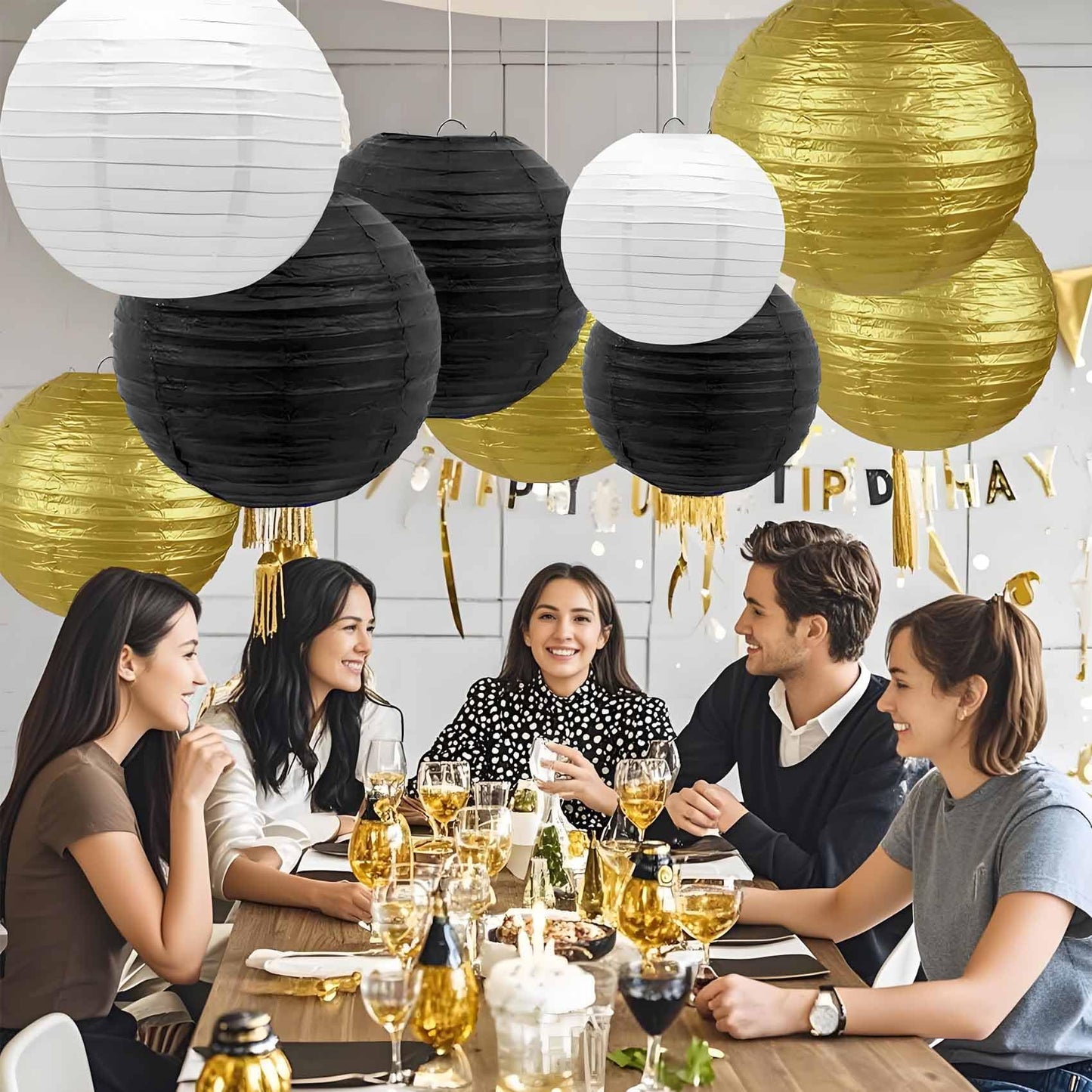 KUNYYI Black-Gold and White Paper Lanterns 12Pcs Hanging Lanterns for Birthday Party, Wedding, Home Decor, Baby Shower Festive Decoration