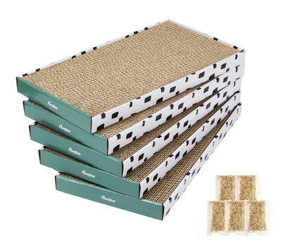 PAWSFANS Cat Scratcher Cardboard Scratch Pad with Box Durable Corrugate Scratching Board Kitty Sofa Lounge Bed Reversible Catnip Included for Indoor Cats,Large (Box, 5pcs)