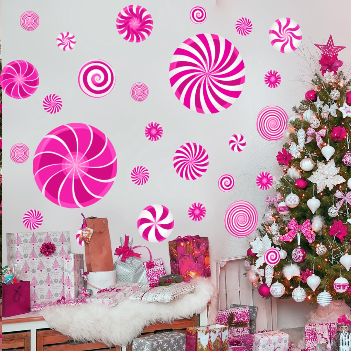 77 Pcs Christmas Candy Wall Decals Decorations Christmas Wall Stickers Pink Peppermint Candy Floor Decals for Xmas Candyland Party Decorations
