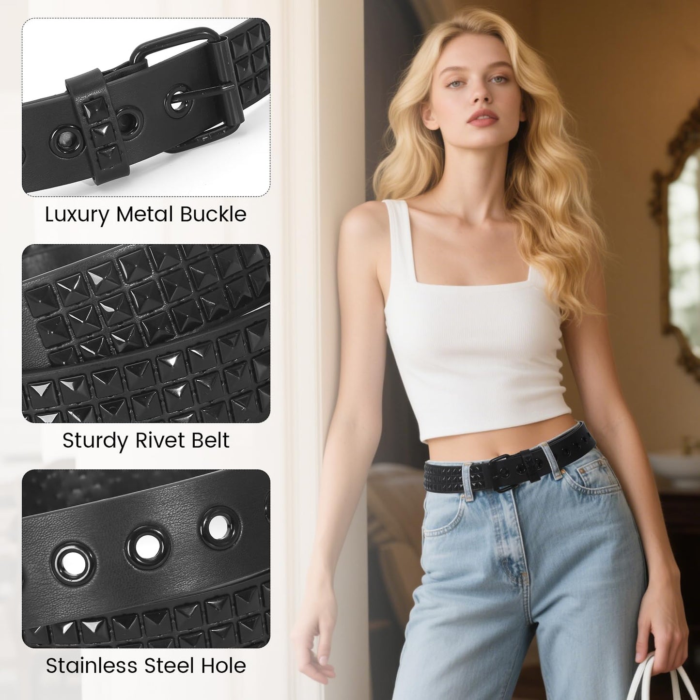 SNCEAW 3 Pcs Studded Belt Y2K Metal Goth Punk Rock Rivet Belt with Bright Pyramid Studded for Women Men (Silver+Black+Double Holes, Fit Pant 27-32 inch)