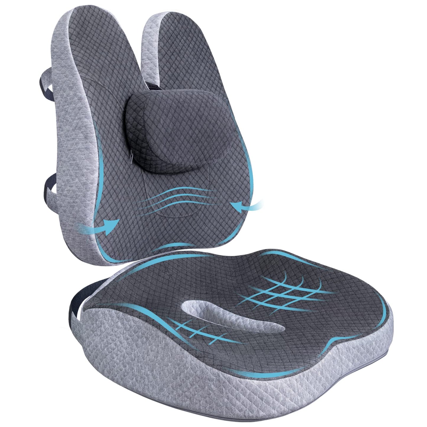 Memory Foam Seat Cushion & Lumbar Support Pillow for Office Chair Car Wheelchair, 3 Piece Chair Cushion Set with Adjustable Straps for Lower Back, Tailbone, Sciatica, Hip Pain Relief, CertiPUR-US