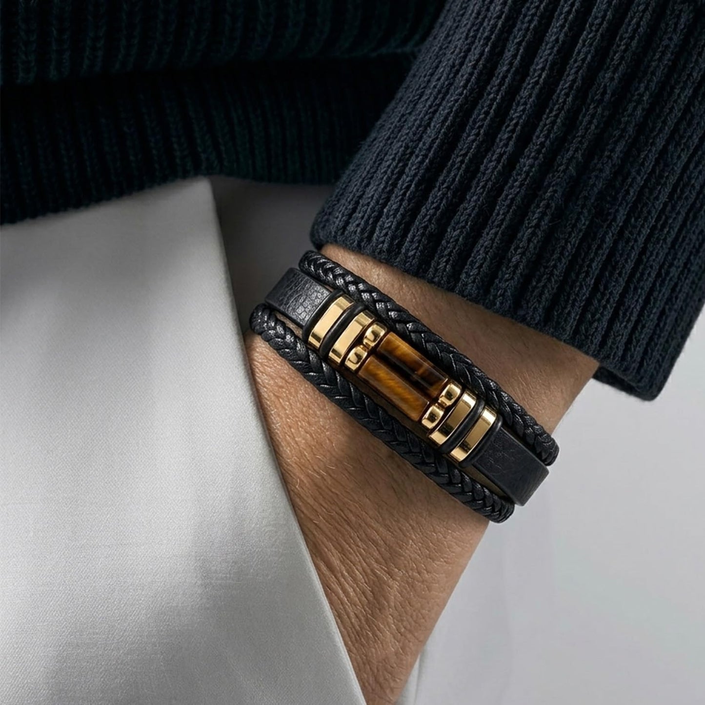 DHWANI ASTRO Leather Braided Stone Bracelet for Men Stainless Steel Buckle Multi Layer Wristband Cuff Bracelets Handmade With Metal Clasp Closure (Tiger Eye)