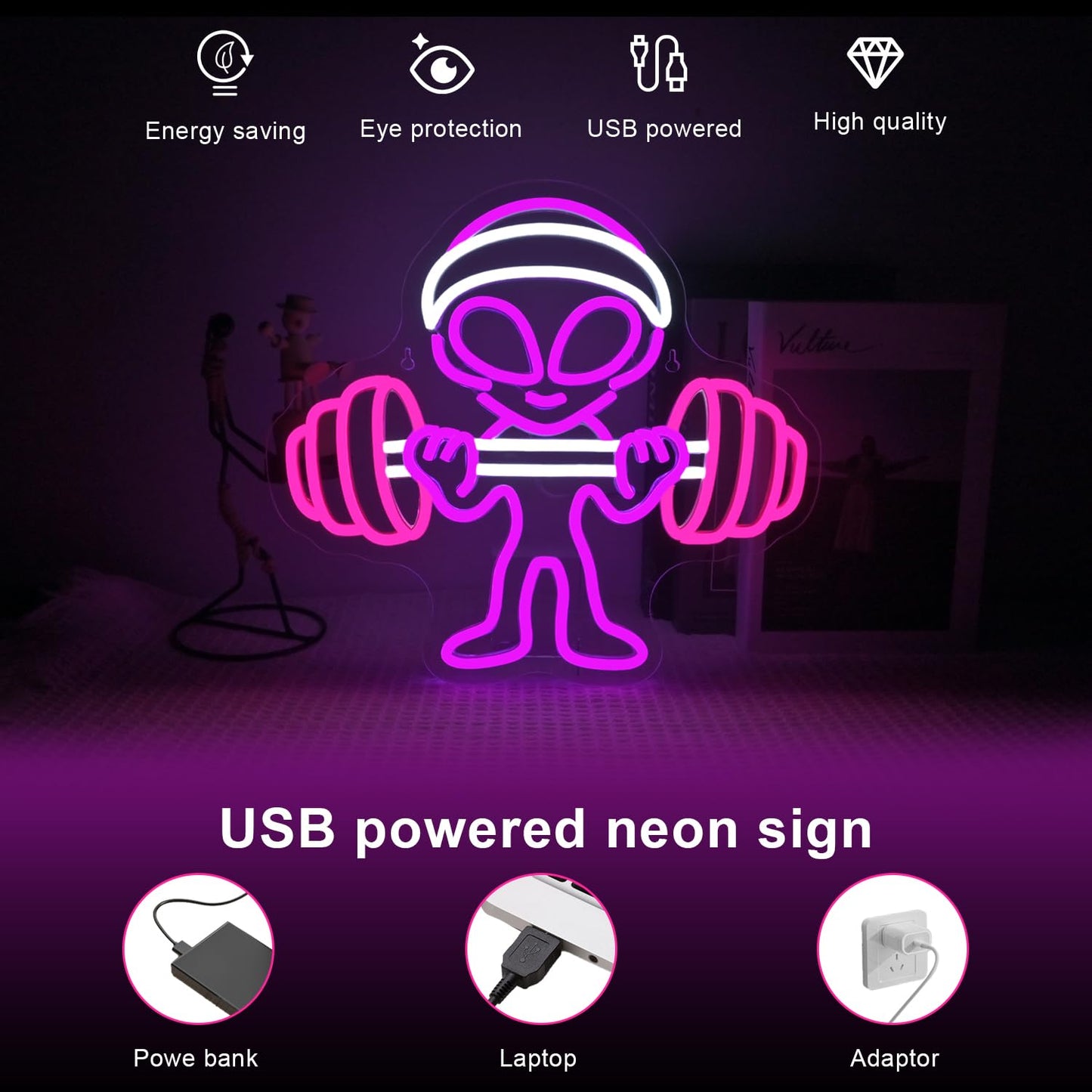LUCUNSTAR Alien Neon Sign Dumbbell Gym Led Wall Decor LED Alien Light Shop Bar Man Cave Teen Room Game Room Decor Hip Hop Party Neon Signs Wall Decor Party Bedroom