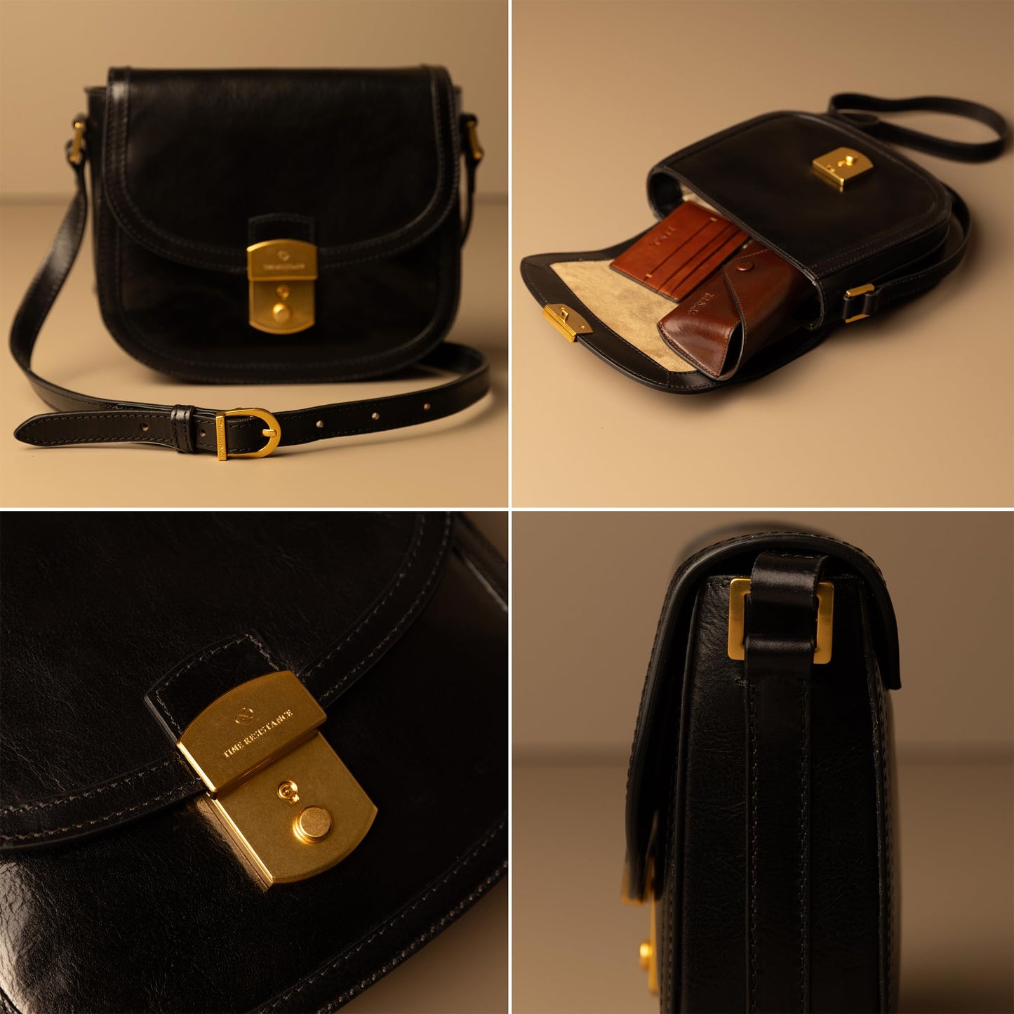 Time Resistance Leather Crossbody Bag – Saddle Bag with Magnetic Closure - Leather Messenger Bag for Women (Black)