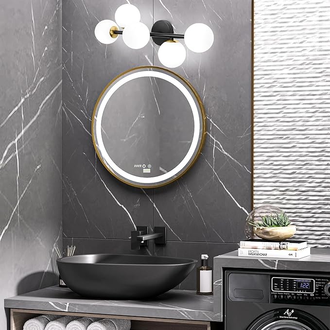 Mid Century Modern Bathroom Vanity Lights, 5-Light Bathroom Light Fixtures Black and Gold Bathroom Lights Semi-Flush Mount Ceiling Light, Wall Sconces Wall Light with Globe Frosted Milk Glass, G9 Base