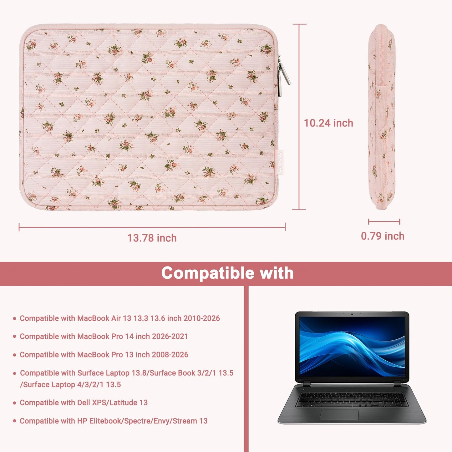 MOSISO 13-14 inch Laptop Case, 13.3 inch Puffy Laptop Sleeve Compatible with MacBook Air 13.6 M4 M3 M2 M1/Pro 13/Pro 14, HP Dell ASUS Lenovo, Square Quilted Carrying Bag with Small Case,Roseate Petals