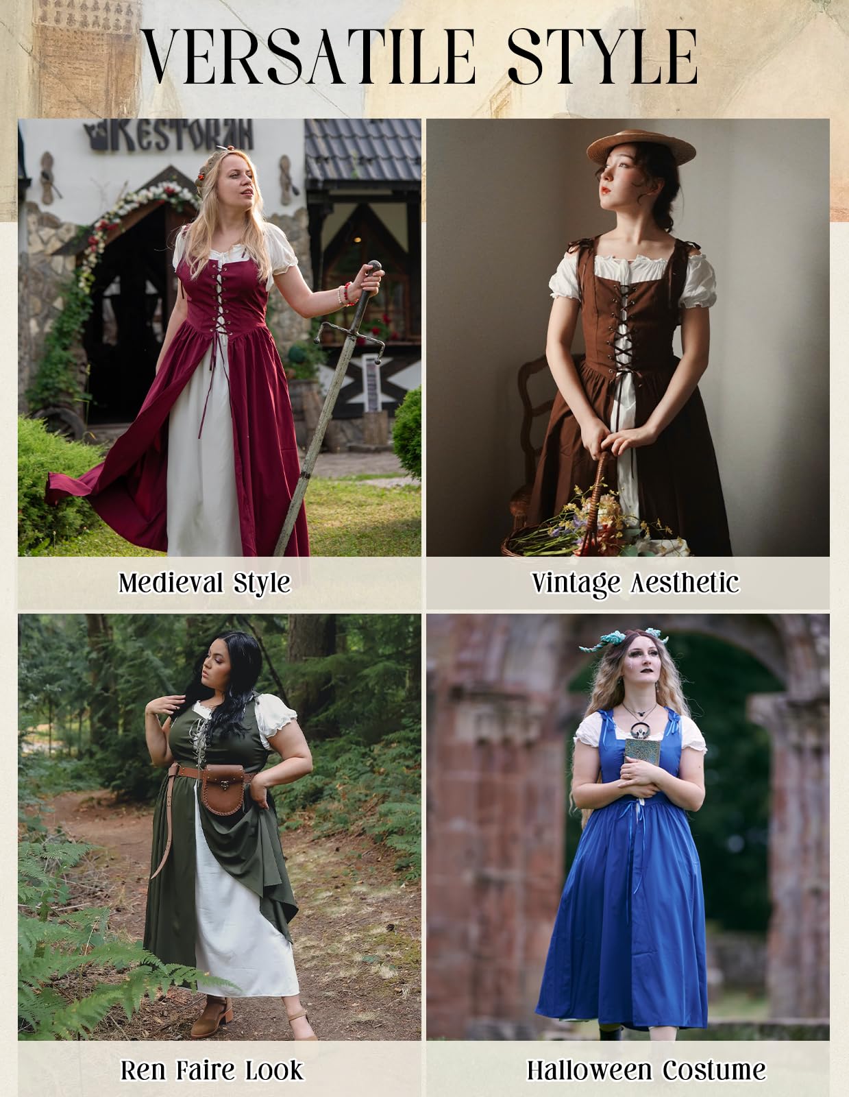 Scarlet Darkness Renaissance Costume Women Peasant Medieval Dress Short Sleeve Maxi Fairy Dresses with Pockets Olive Green L