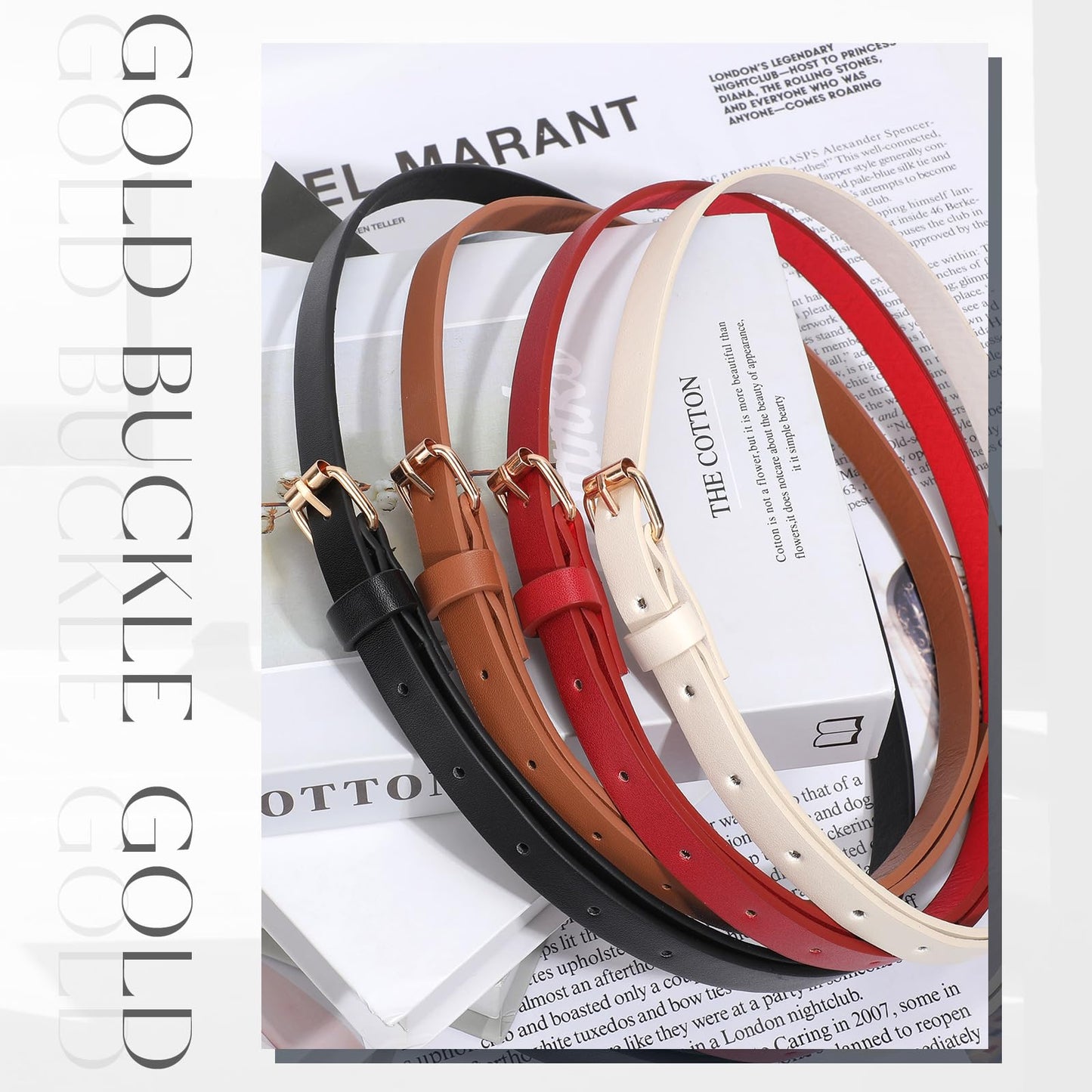 JASGOOD 4 Pack Skinny Women Leather Belt for Dress Thin Waist Belt for Jeans Pants with Gold Buckle 0.55" Width