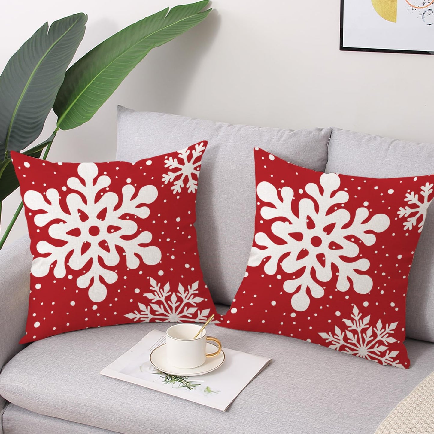 Gujiahone Green Christmas Pillow Covers 18x18 Inch Set of 2 Snowflakes Linen Square Winter Holiday Decoration Cushion Case for Sofa Couch Bed Living Room (Red)