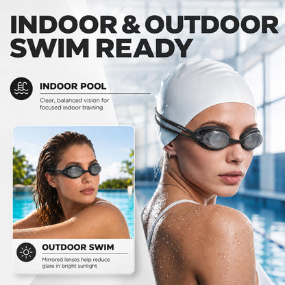WATER TIME Navy & Neon Yellow Swim Goggles Swipe Anti-Fog REVO Mirrored Lens No Leak UV Protection for Competition Training