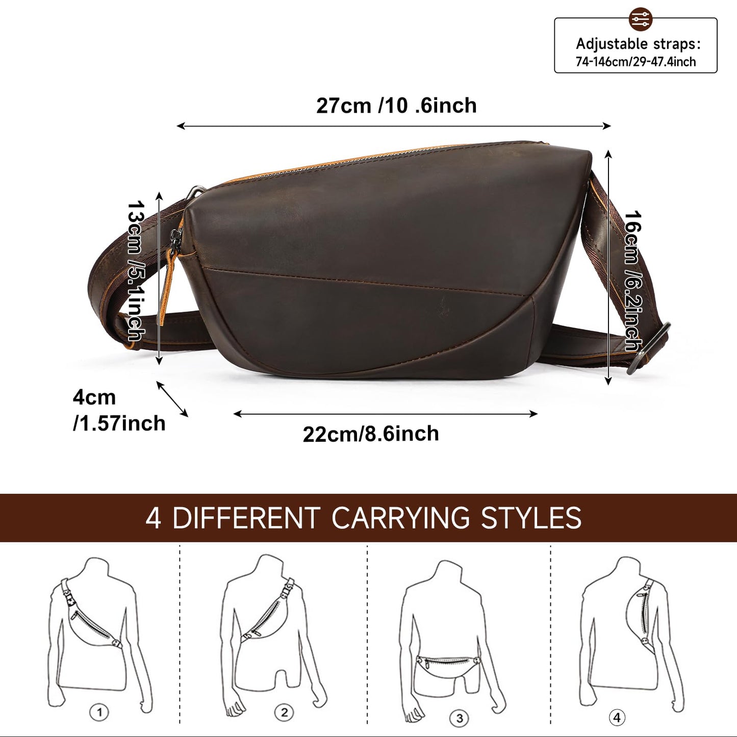 NIUCUNZH Genuine Leather Mens Sling Bag for Women Vintage Small Crossbody Bags Purse for Hiking Travel Chest Daypack (darkbrown)