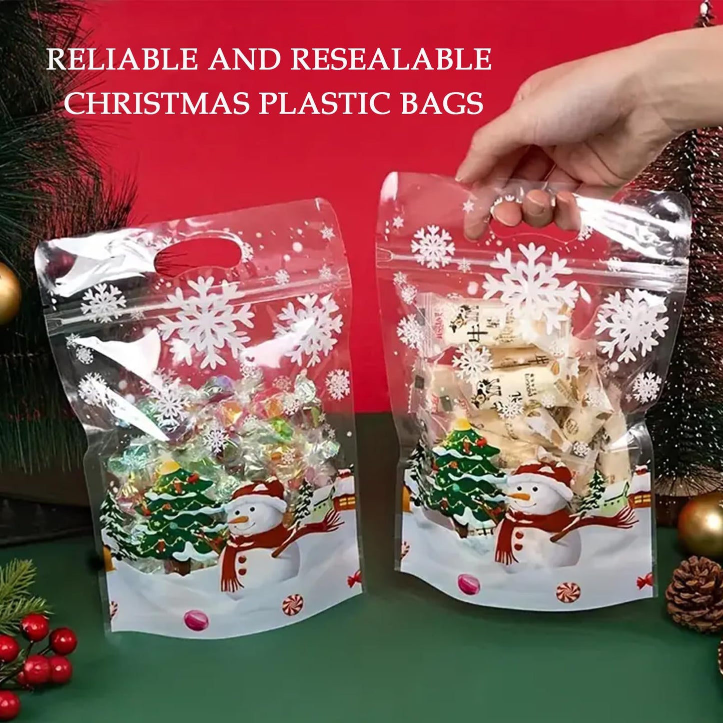 Rikolto Resealable Christmas Zip Lock Bags 50PCS Clear Christmas Cookie Snowman Plastic Sealing Bags with Handles for Xmas Holiday Party Candy Small Gift Wrapping Supplies Decor