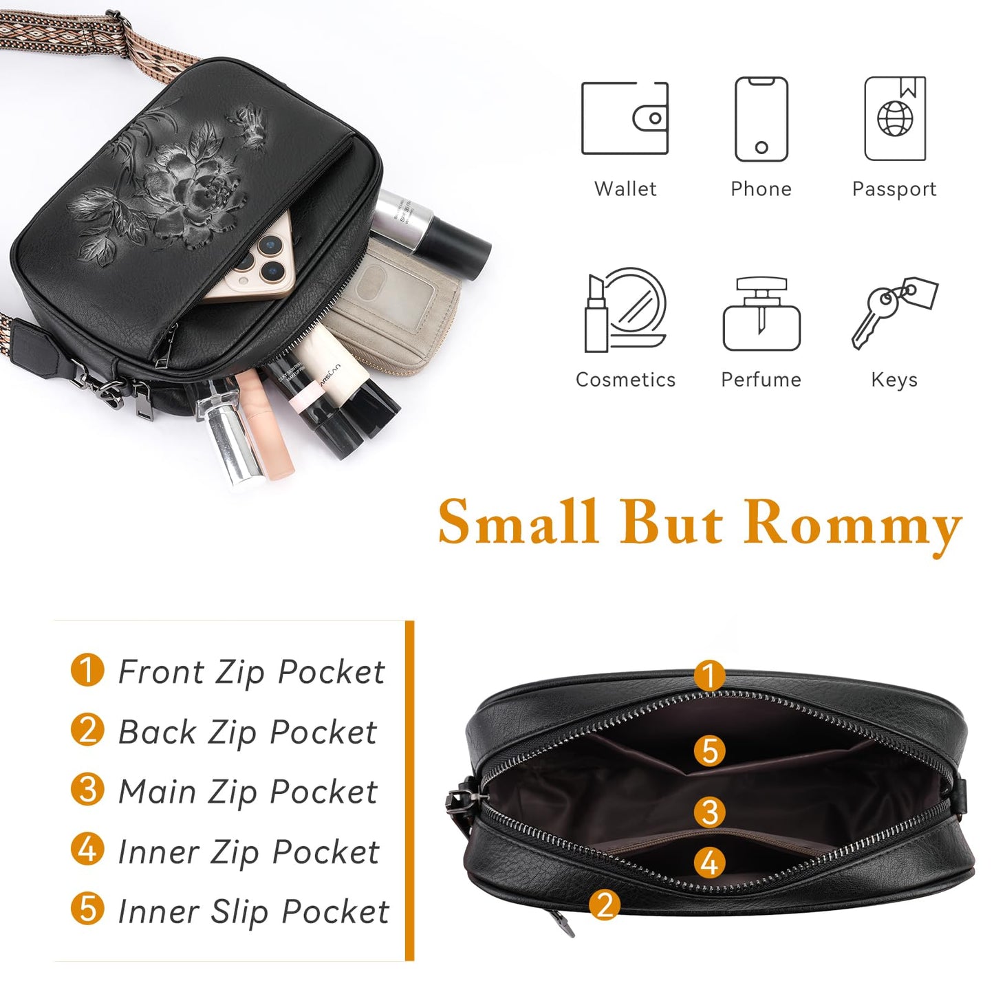 VIMUTI Small Crossbody Purses for Women, Trendy Vegan Leather Crossbody Bag Embossed Travel Shoulder Handbags with Wide Strap (Black)