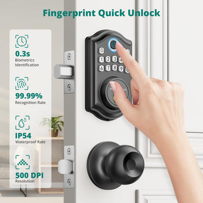 Keyless Entry Door Lock with Handle Set - Fingerprint Door Locks, Electronic Keypad Deadbolt, Smart Locks for Front Door, Auto-Lock & One Touch Locking, Easy Installation - Satin Nickel