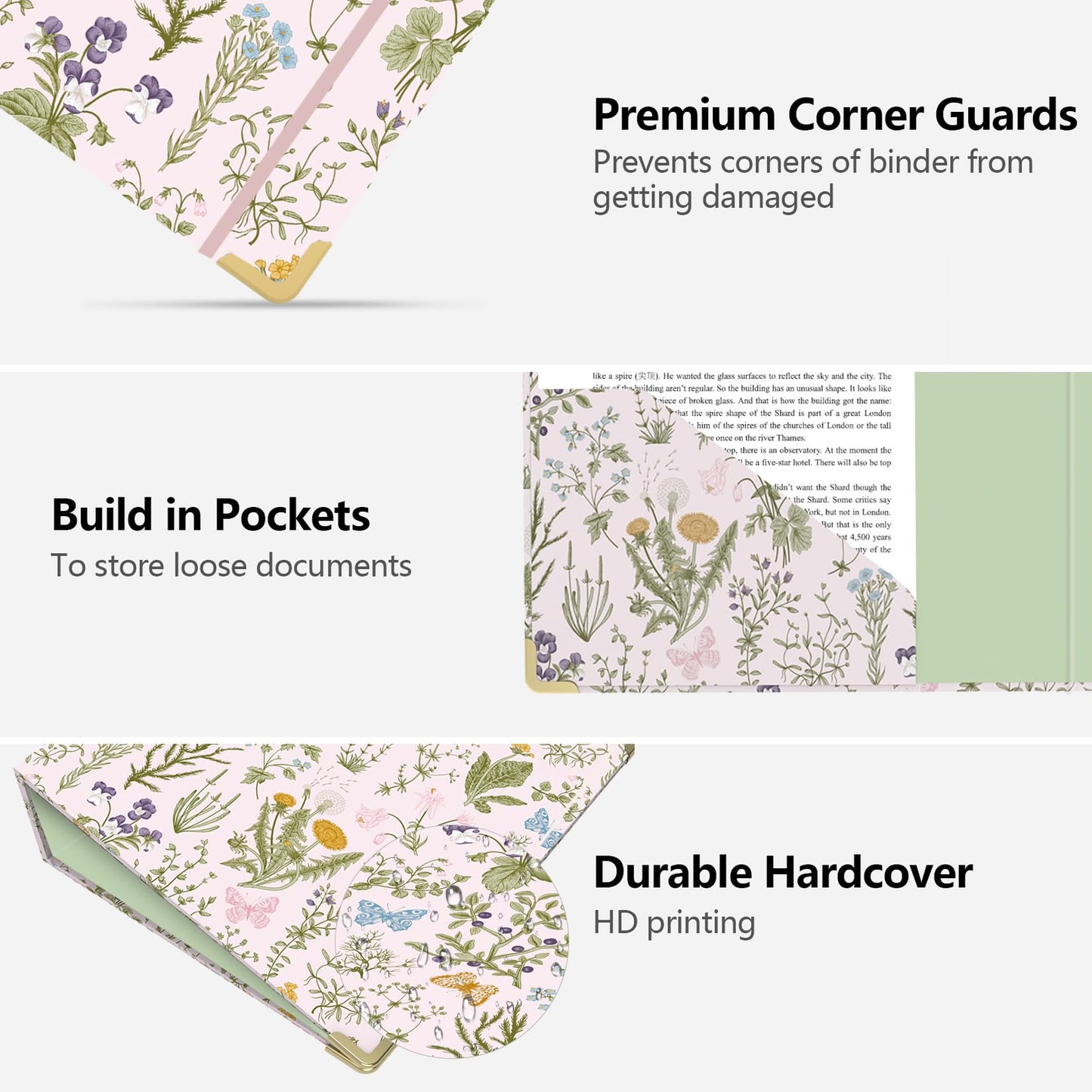 3 Ring Binder 3 Inch, Cute Round Ring Binders with 6 Tab Dividers, Labels Stickers, Low Profile Clipboard with Storage, Fashion Binder School Office Supplies(Wild Flowers)