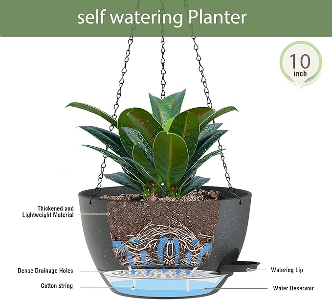 10 Inch Hanging Baskets 2 PC with Chains, Self-Watering Hanging Planters for Indoor Outdoor Plants, Plastic Hanging Flower Pots,Black with Green Speckles