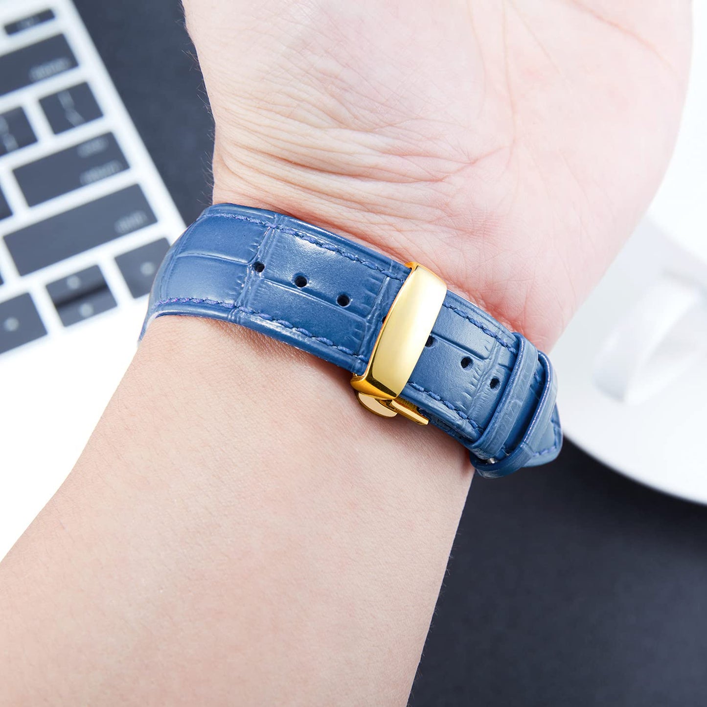 BINLUN Leather Watch Strap, Quick Release Genuine Leather Replacement Watch Band with Butterfly Deployment Buckle for Men and Women, 12mm-24mm(Blue-Gold,18mm)