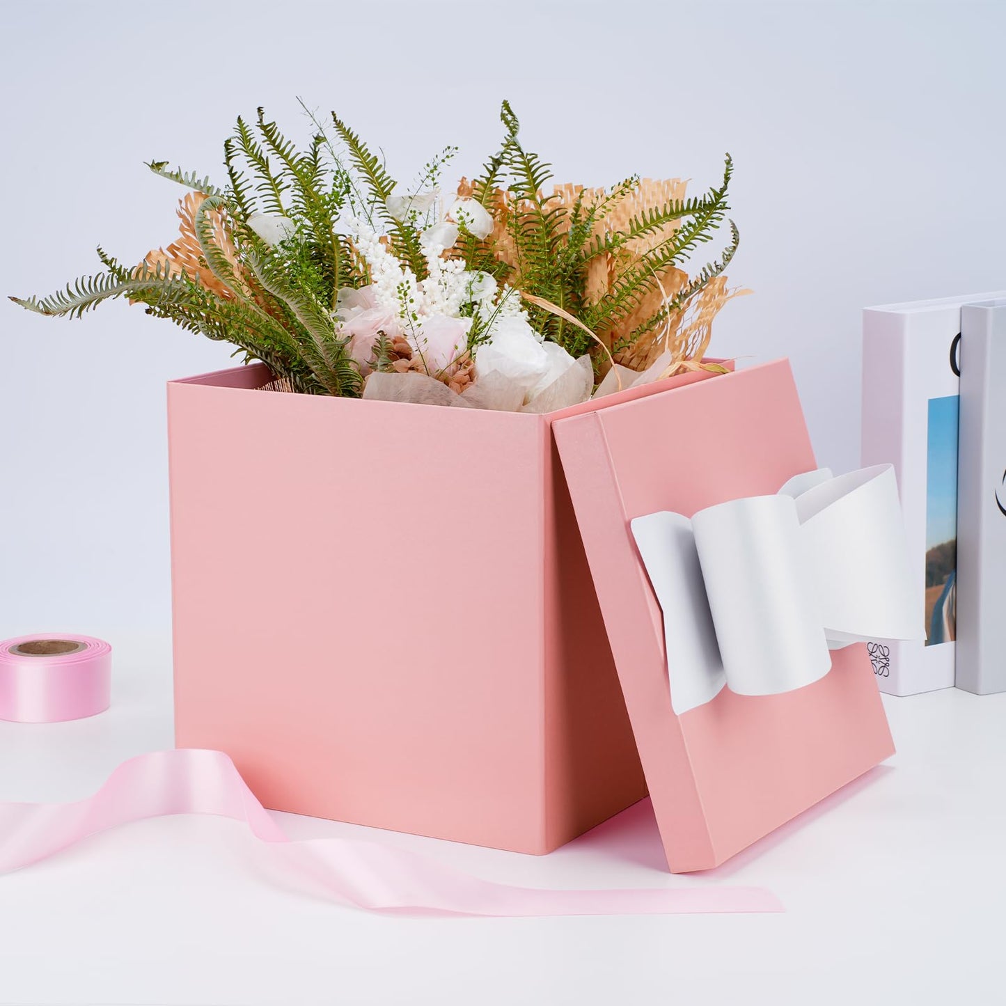 LaRibbons Large Gift Boxes with Lids, 10x10x10 Inches Pink Square Foldable Gift Boxes for Valentine's Day, Birthday, Wedding, Baby Shower, Party, All Occasion