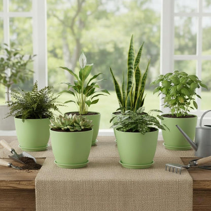 Vanslogreen Plant Pots 8 Inch Set of 6, Flower Pots with Drainage Holes and Saucer, Plastic Garden Planters for Indoor & Outdoor Plants (Green)