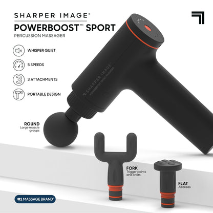 Sharper Image® Powerboost™ Sport Percussion Massager, Lightweight Portable Design with Quiet Drive Technology, Includes 3 Attachments