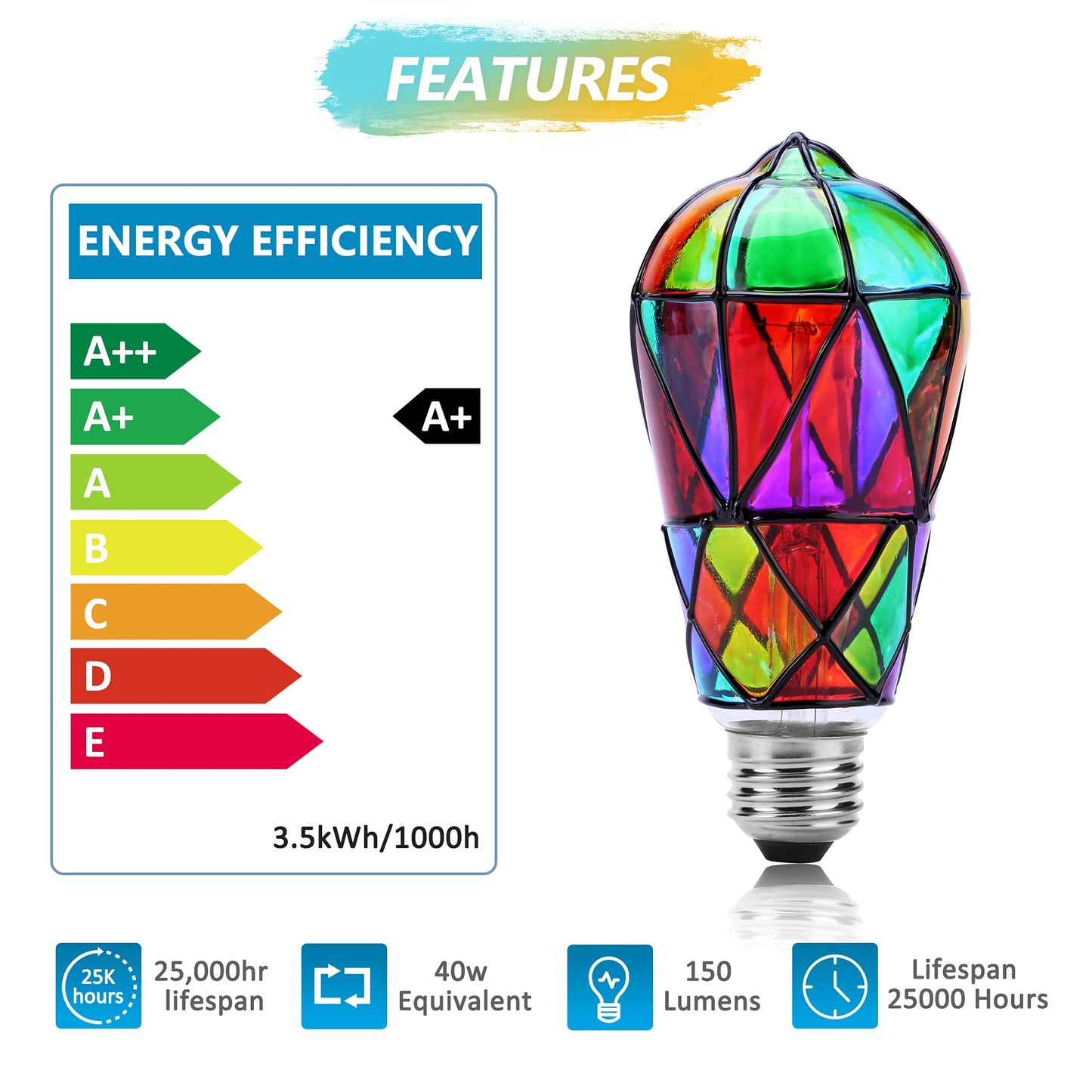 Kitmose 2 Pack Stained Glass Light Bulbs, LED Edison Light Bulb E26 3.5W Replacement Light Bulbs Tiffany Style for Bedroom Living Room Home Christmas Decoration (ST64)