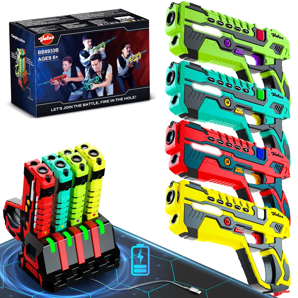 VATOS Rechargeable Infrared Laser Tag Set - 4 Player Toy Blaster with Charging Station, No Vests Needed, Infrared Laser tag with Data Display for Kids Teen Adults Family Group Activity Game