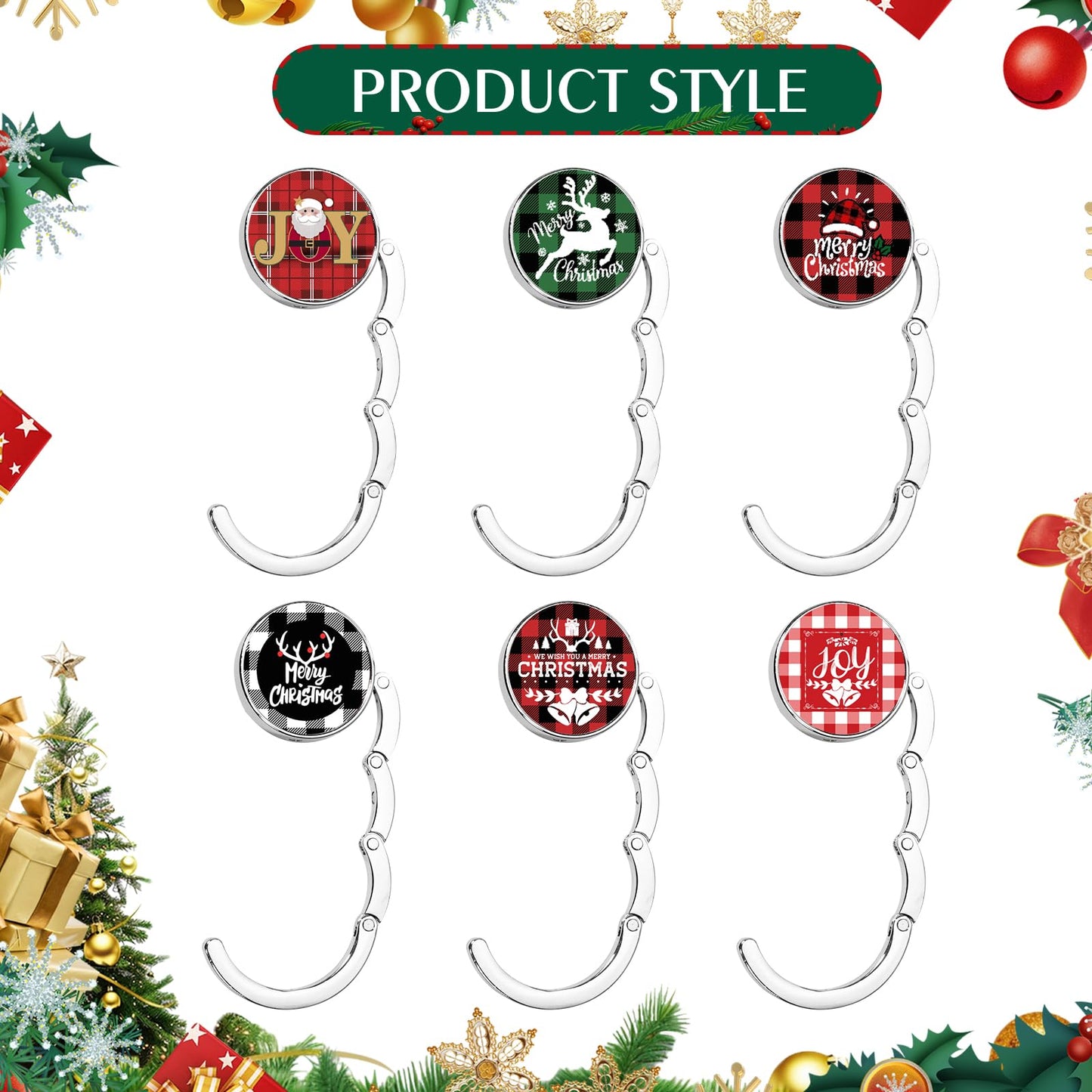 BEAVOING 6 Pack Christmas Stocking Holders for Mantle,Metal Stocking Hangers for Mantle, Non-Slip & Foldable Mantle Hooks for Stockings Hangers Xmas Mixed Pattern for Fireplace Christmas Decoration