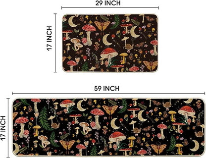 Artoid Mode Black Mushrooms Butterfly Spring Kitchen Mats Set of 2, Home Decor Low-Profile Kitchen Rugs for Floor - 17x29 and 17x59 Inch