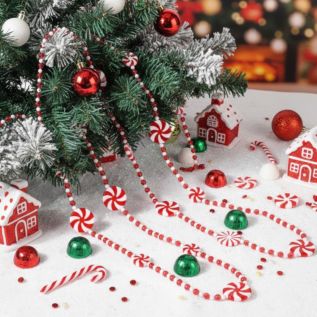 48 feet Christmas Candy Garland Plastic Bead Garland Xmas Holiday Candy Cane Decor for Christmas Tree Wreaths Decorations