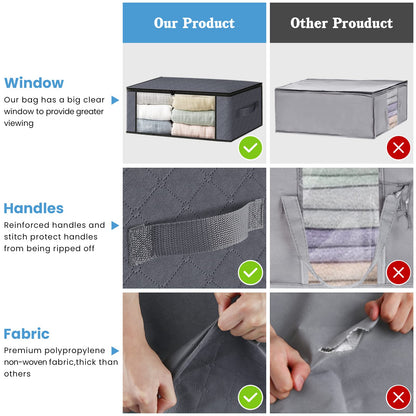 HomeHacks Storage 3-Pack Clothes Organizer Storage Bags Foldable Storage Box with Large Clear Window Sturdy Handles for Closet, Dorm, Pillows, Bedding, Clothes, Blankets, 35L, Gray