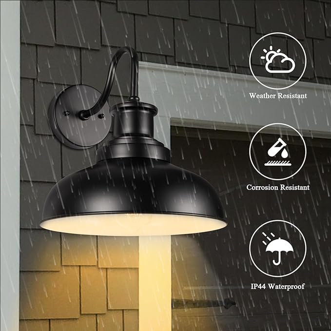 Outdoor Gooseneck Barn Light Outdoor Wall Sconce Farmhouse Exterior Wall Mount Light Vintage Outside Lighting Fixture Industrial Black White Lantern for Porch, Entryway, Garage, 1 Pack