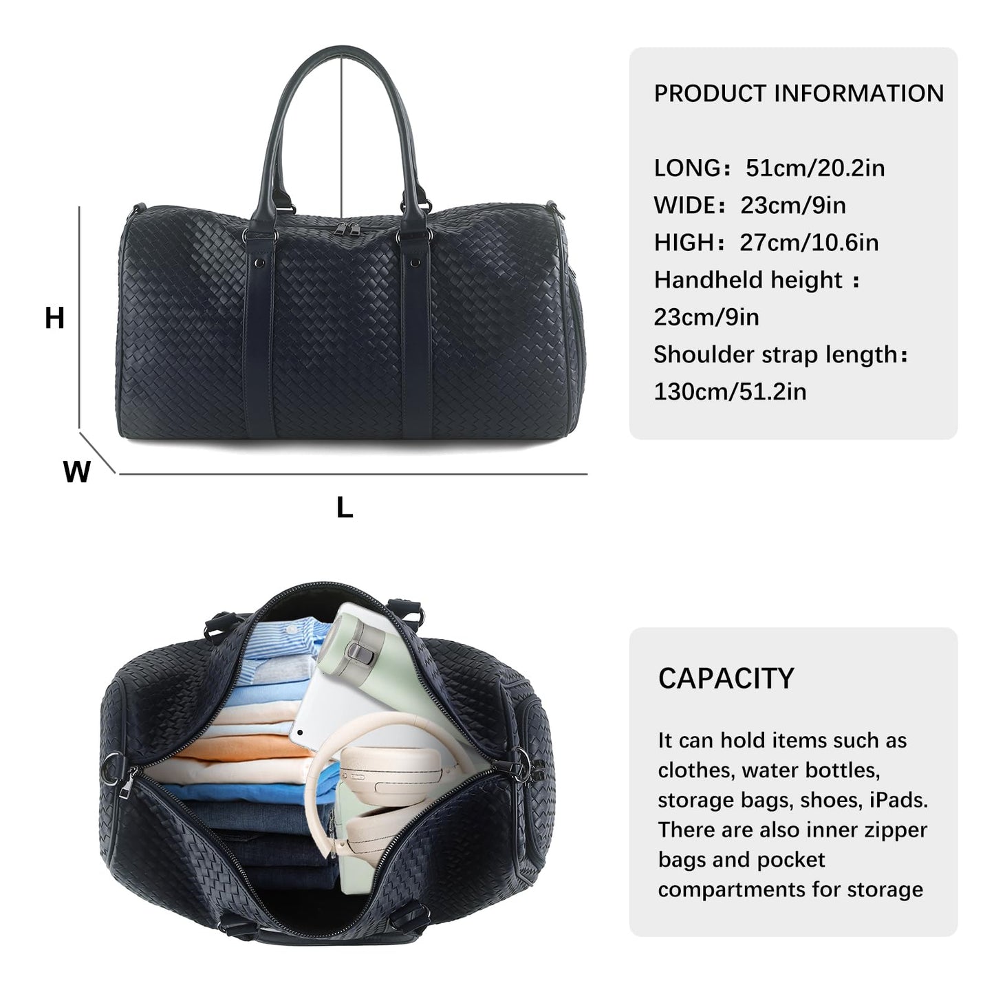 Weekender Bags for Women Woven Leather Travel Duffle Bag with Shoe Compartment, Carry On Garment Bag for Men Women, Large Capacity Water-resistant Gym Tote (Dark Blue)