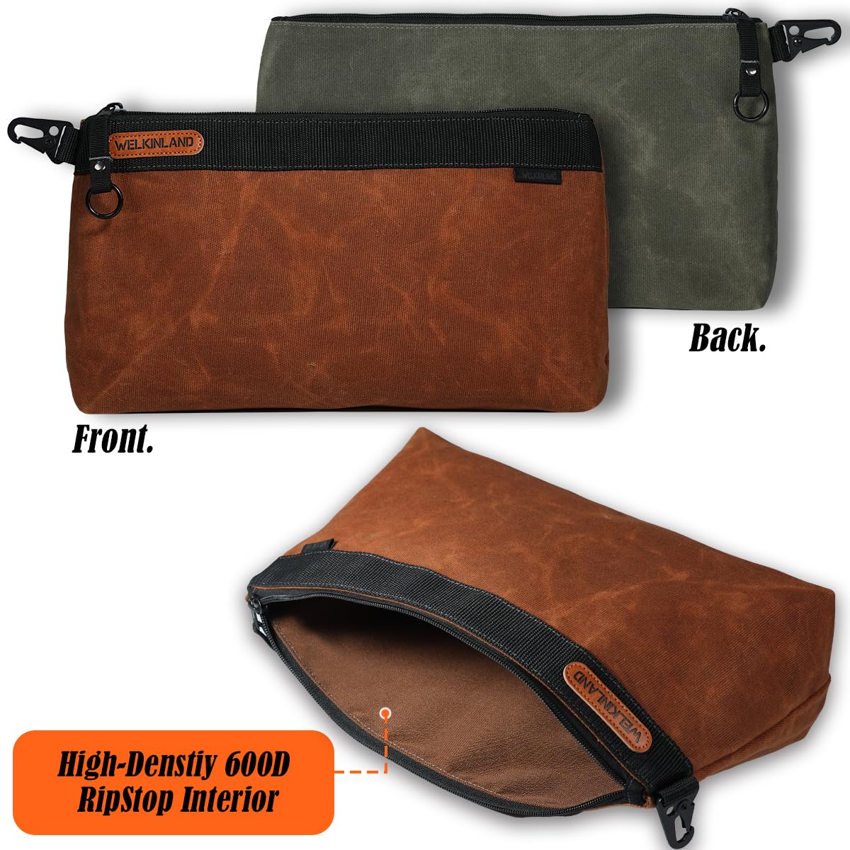 WELKINLAND 2-Pack Heavy-Duty Waxed Canvas Tool Pouches, 14-Inch Zippered Tool Organizer Pouches with Water-Resistant Coating and Durable Canvas Construction