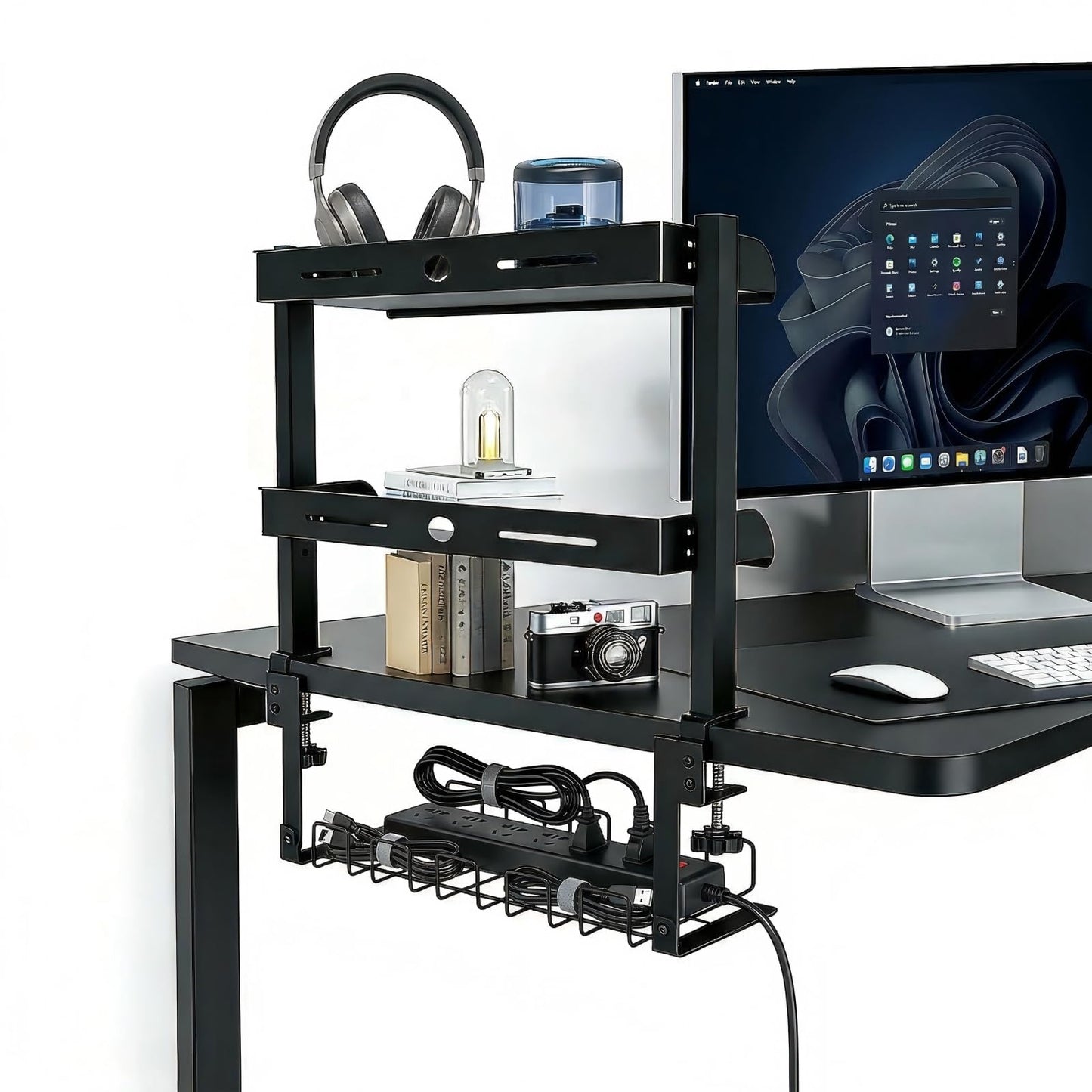 Clamp On Desk Shelf, 17'' 2-Tier Desktop Organizer Shelf with Under-Desk Hidden Storage Basket, Heavy-Duty Desk Shelves for Top of Desk, Space-Saving Desk Storage for Home Office Gaming Setup (Black)