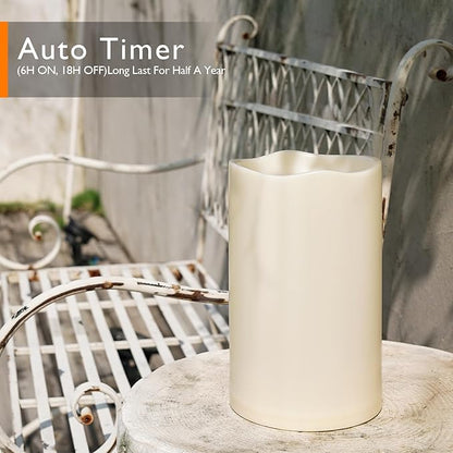 Homemory 6" x 9" Extra Large Outdoor Waterproof Candle with Auto 6-Hour Timer, No Remote, Ivory Plastic Made, Long Last for Half A Year