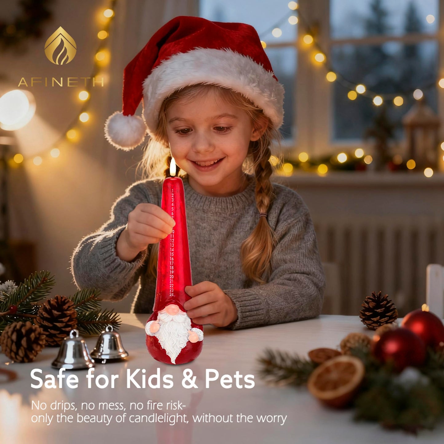 AFINETH Christmas Flameless Candles with Remote, Xmas Countdown Candle, Santa Claus Countdown to Christmas Battery Operated Candles, Red Flameless Advent Candles for Mantel Decor