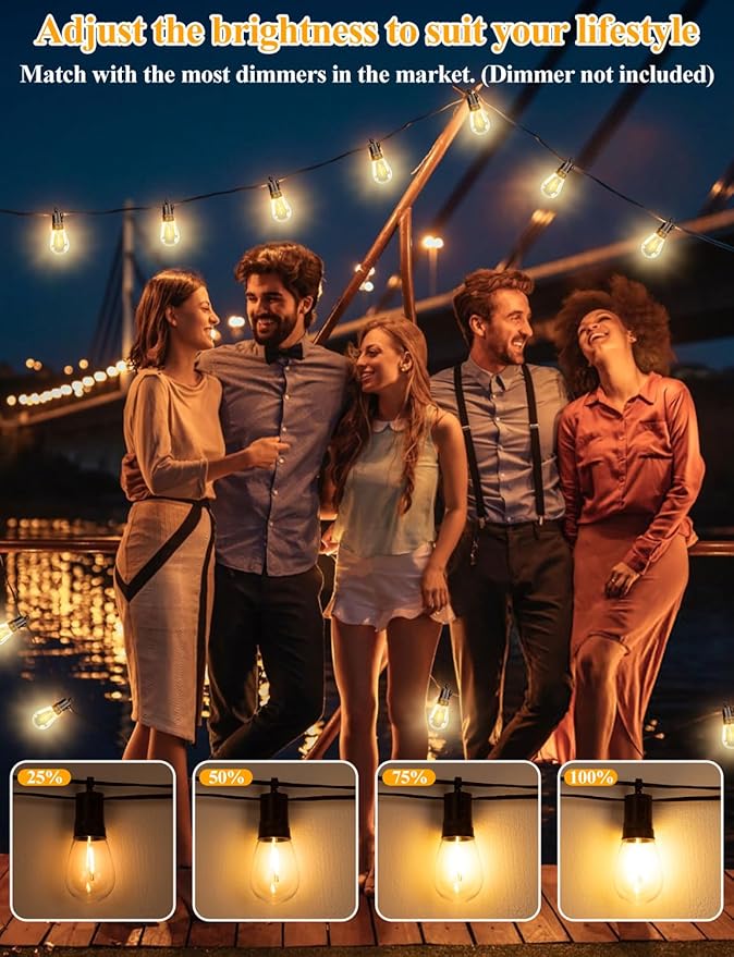 Brightever 50FT LED String Lights, Outdoor Lights for Patio with 16 Shatterproof S14 Edison Bulbs, Commercial Grade Waterproof Rope Light for Outside, Cafe, Bistro, Porch, Garden, 2700K Warm White
