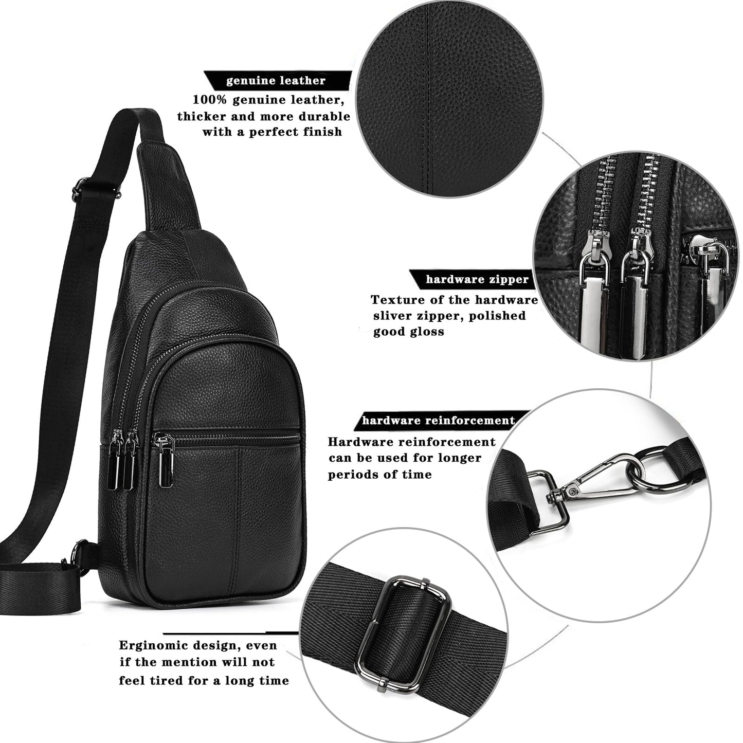 Small Leather Sling Bag Crossbody for Men Women One Strap Shoulder Cross Body Bag Sling Backpack for Travel, 9342 Black