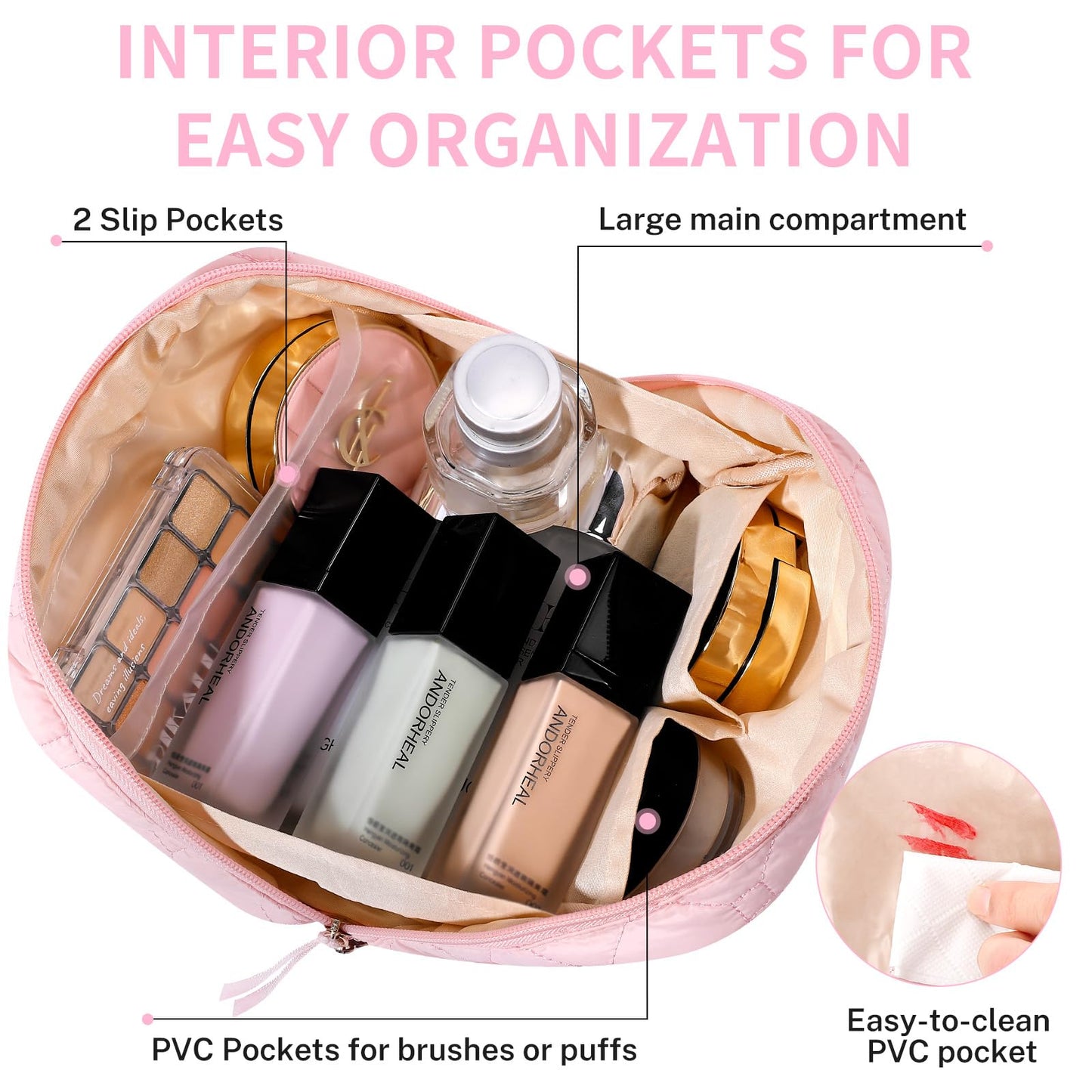 senbowe Small Makeup Bag,Travel Cosmetic Bag, Pink Puffy Padded Make Up Bag for Women, Wide-open Cute Makeup Bag Pouch Purse, Quilted Toiletry Makeup Organizer Bag with PVC Pockets,Travel Essentials