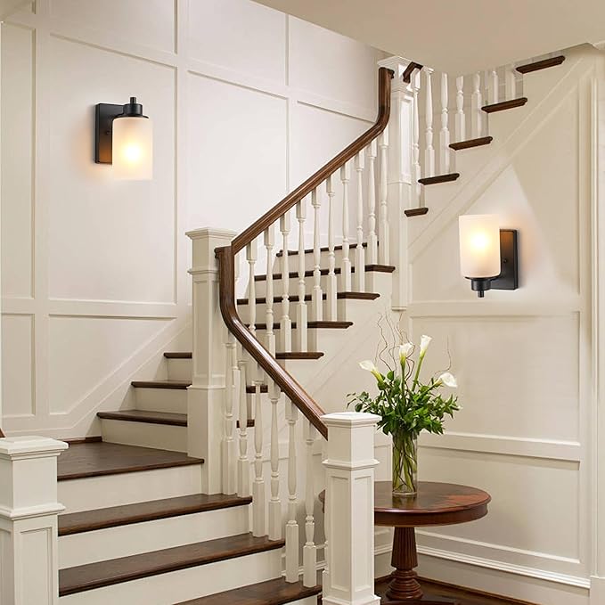 2-Pack Bath Vanity Light Fixture 1-Light, Indoor Farmhouse Bathroom Wall Sconces Lights for Living Room, Porch, Bedside, Black Finish with White Frosted Glass Shades Wall Mounted Lights