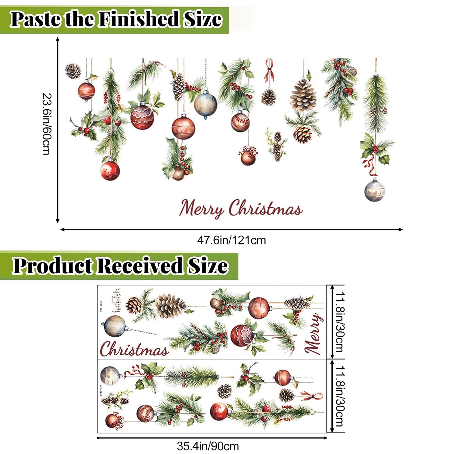 MeyRolizn Merry Christmas Light Ball Pinecone Wall Decals, Peel and Stick Christmas Window Clings, Decorations Wall Stickers for Room Kitchen Bathroom Party Holiday Decoration (Red)