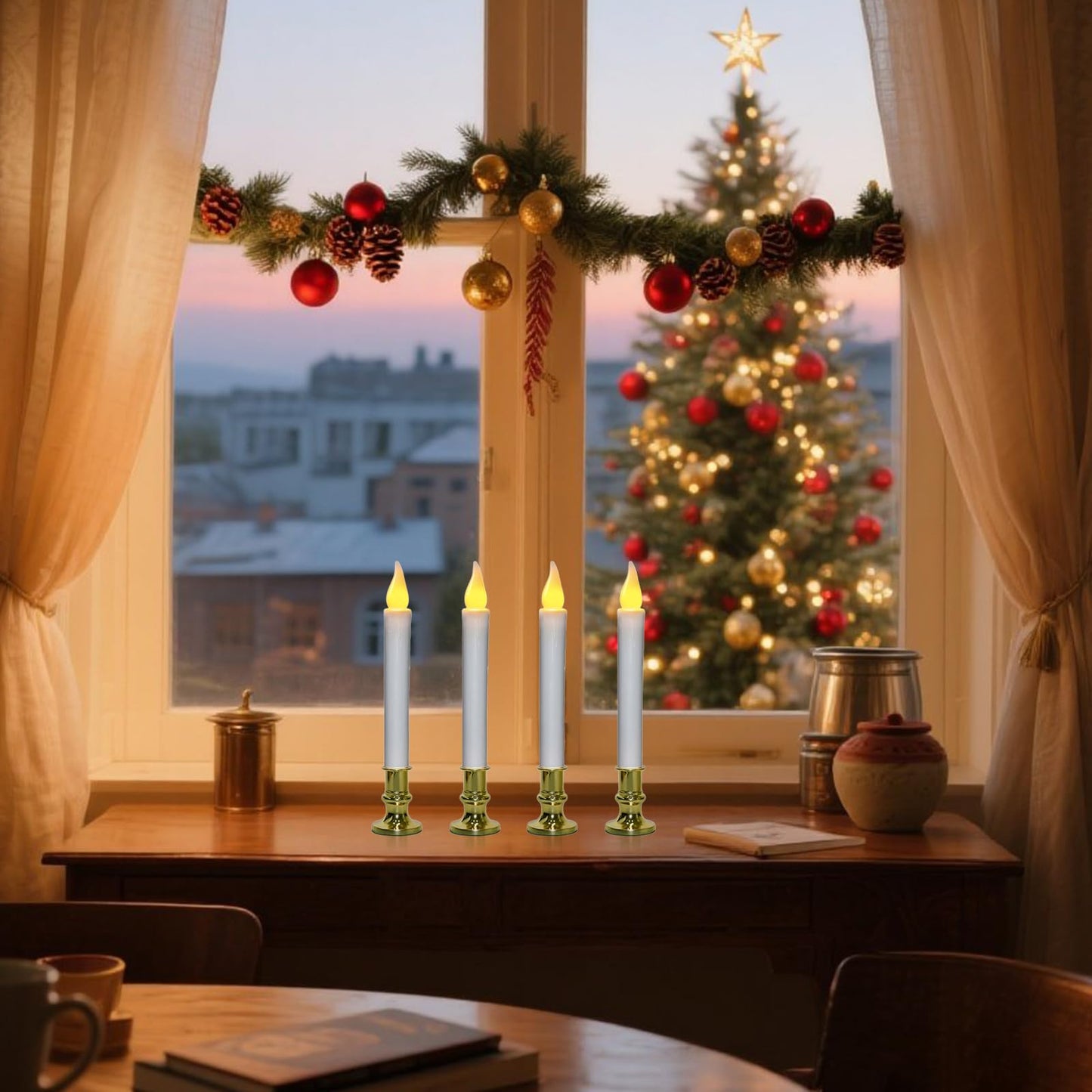 CHYSUPER 4Pack Christmas Window Candles Battery Operated with Timer, 6H/18H Auto On/Off, LED Flameless Candles with Realistic Flickering Flame and Suction Cups for Holiday Home Decor