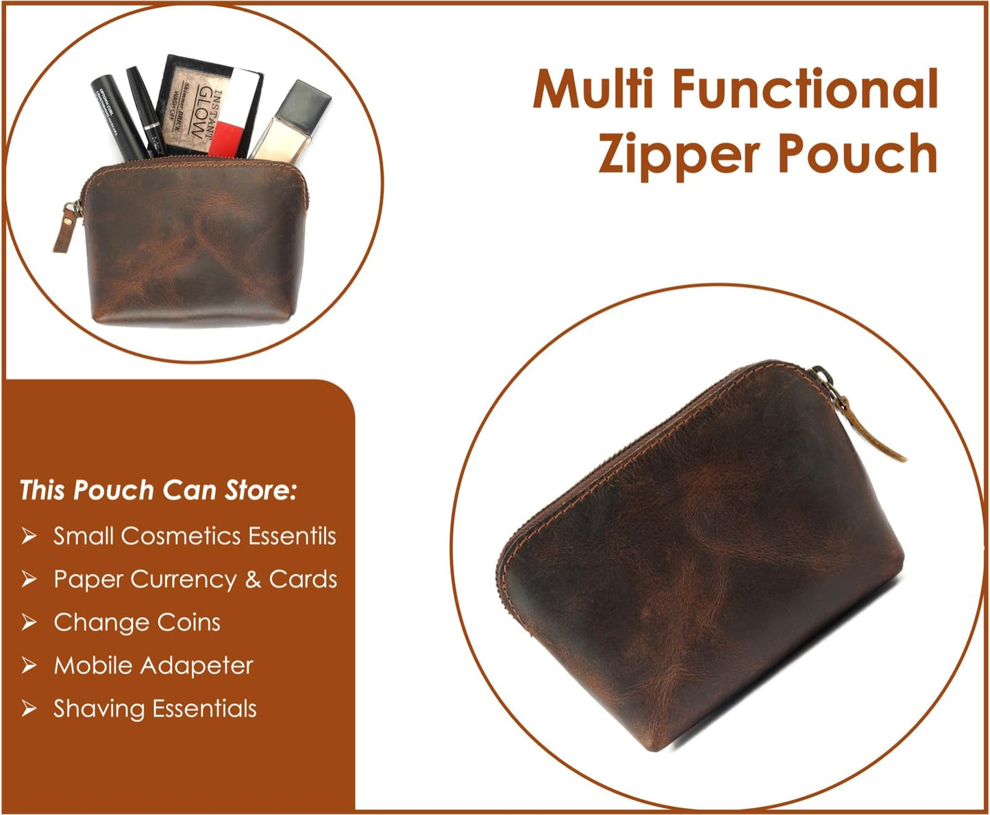 TheAntiq Full Grain Leather Cosmetic Bag – Zippered Makeup Pouch for Women, Small Travel Toiletry & Organizer Pouch for Purse, Premium Handmade Leather (5 × 4 × 2.5 in)