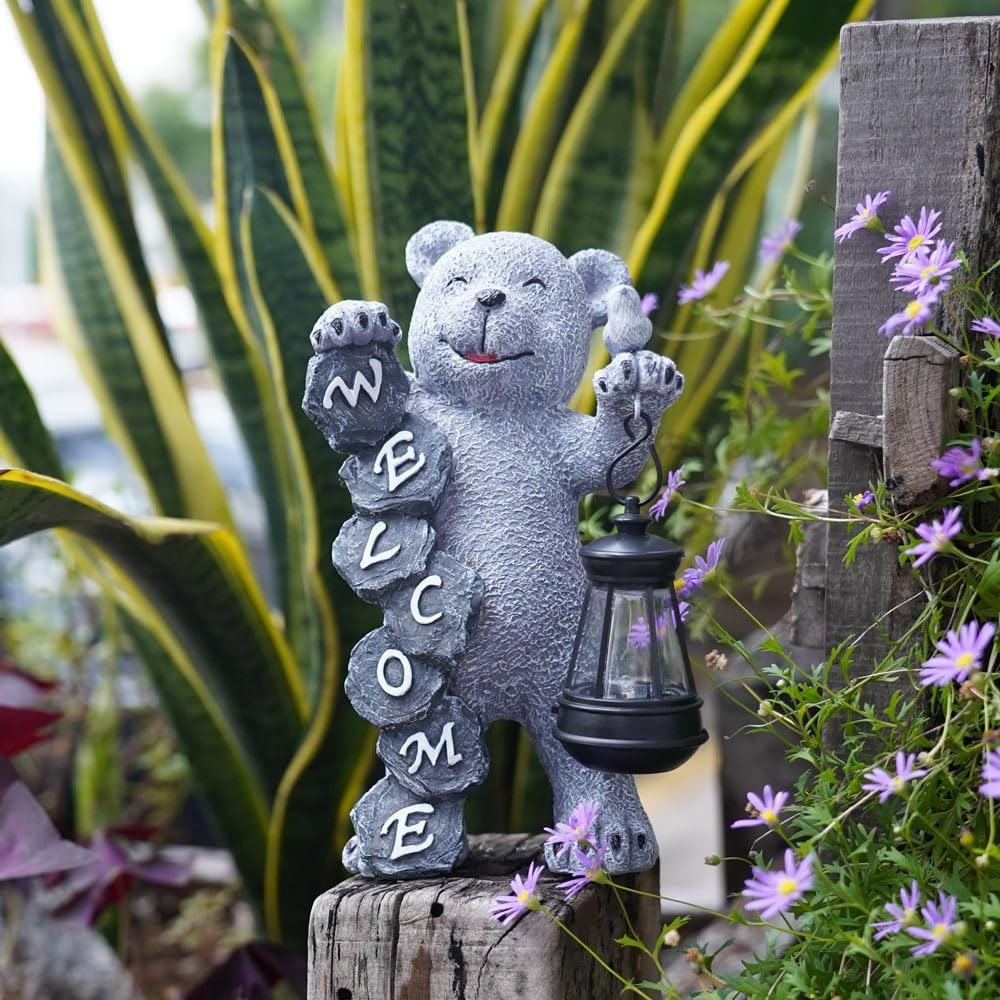 Youfui Bear Figurine Light Solar Powered Led Light- Welcome Lawn Decor Bear Garden Statues for Patio, Balcony, Yard Ornament, Outdoor Figurine Light House Housewarming Gifts, 7.8x4.13inch