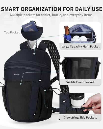 ECOHUB 15L Lightweight Casual Daypack, Packable Backpack for Daily Use, Hiking & Travel, Foldable Small Backpack with Stretch Mesh Pockets, Water-Resistant Nylon, Reflective Design