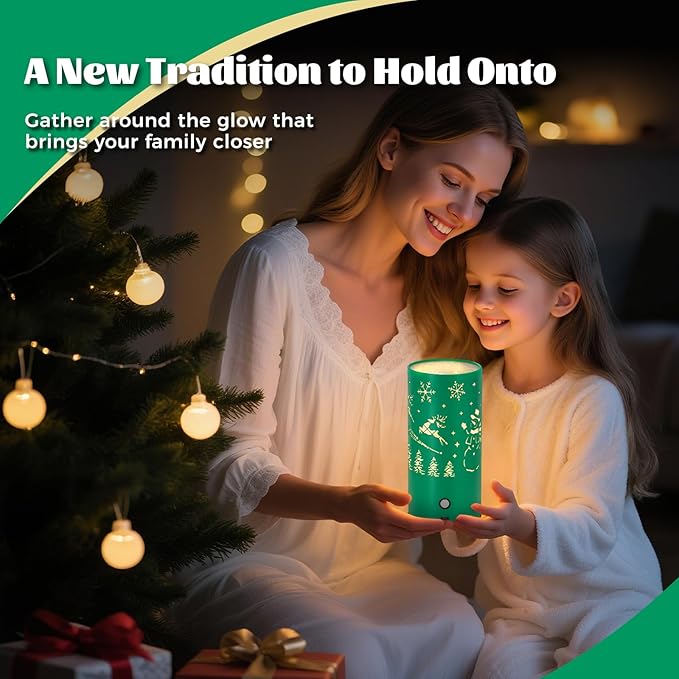 Christmas Table Lamp with Hollow-Out Design - Rechargeable Touch Control Dual Color LED, Warm/Cool White Metal Decor for Home Desk Party, 1200mAh Battery(Greed)